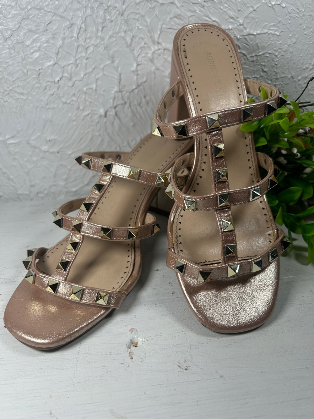 Adrienne Vittadini Metallic Rose Gold Studded Strappy Slide In Block Heel Sandal - Picture 9 of 12